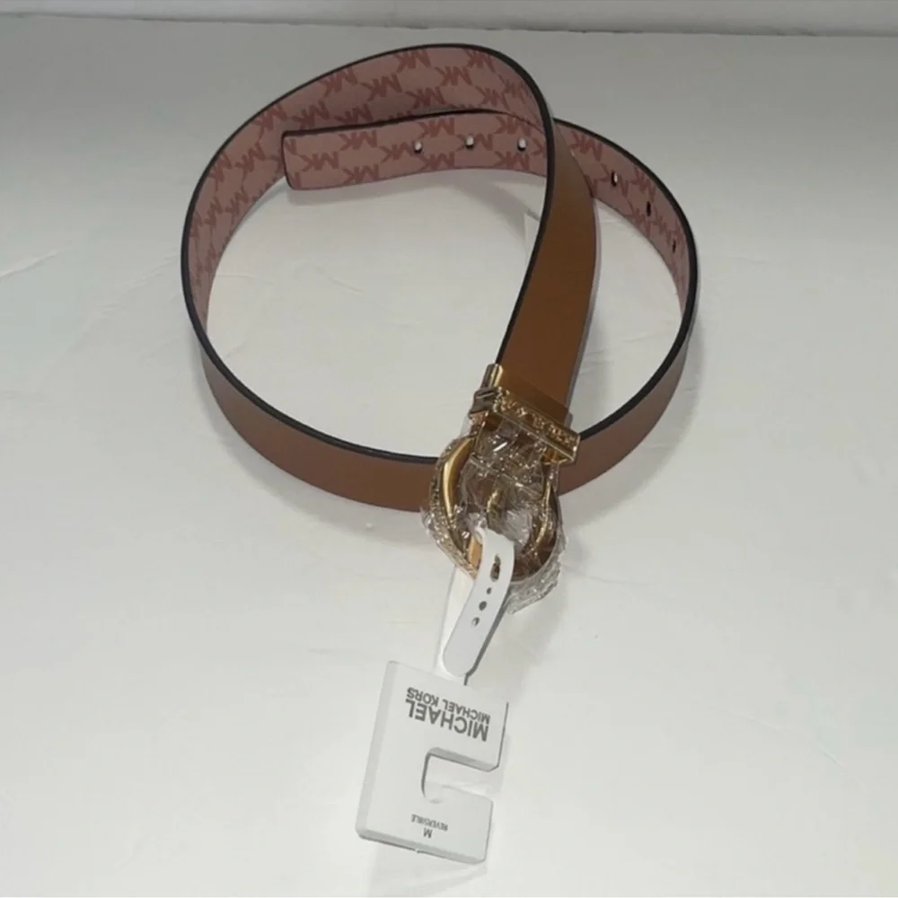 MICHAEL KORS MK Logo Twist Reversible Genuine LEATHER Luggage & Pink Belt Sz M
